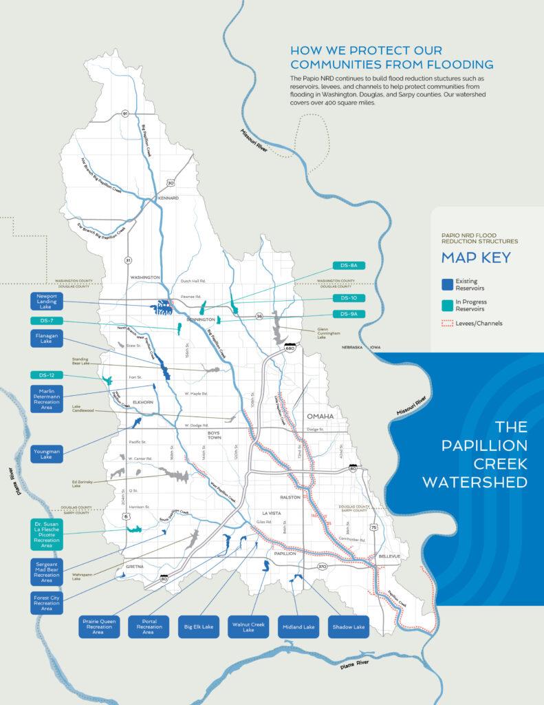 Map of the Papillion Creek Watershed that describes how the Papio NRD protects communities from flooding.